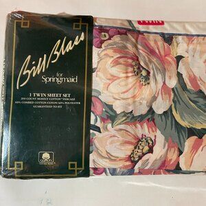 Bill Blass Floral Festival Blue Twin Sheet Set NEW Flat Fitted Pillowcase